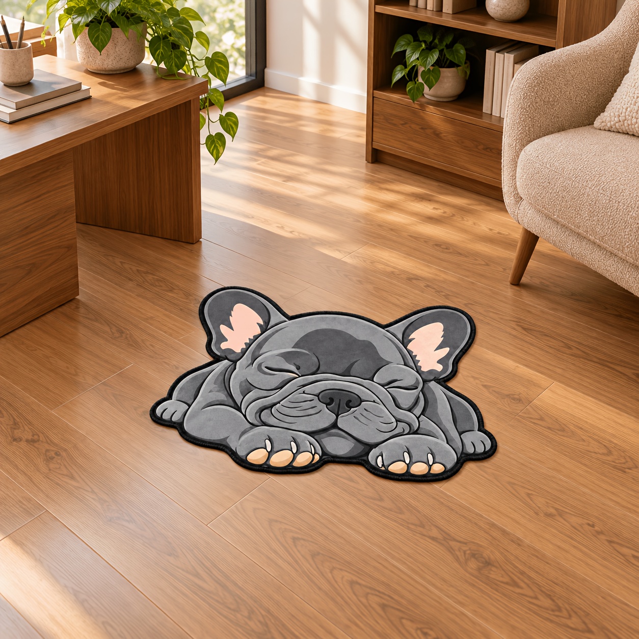 TEMU 1pc French Bulldog Rug Suitable For Home Entryway, Hallway, Bedroom - Irregular Shaped Plush Floor Mat With Backing, Machine Washable Suitable