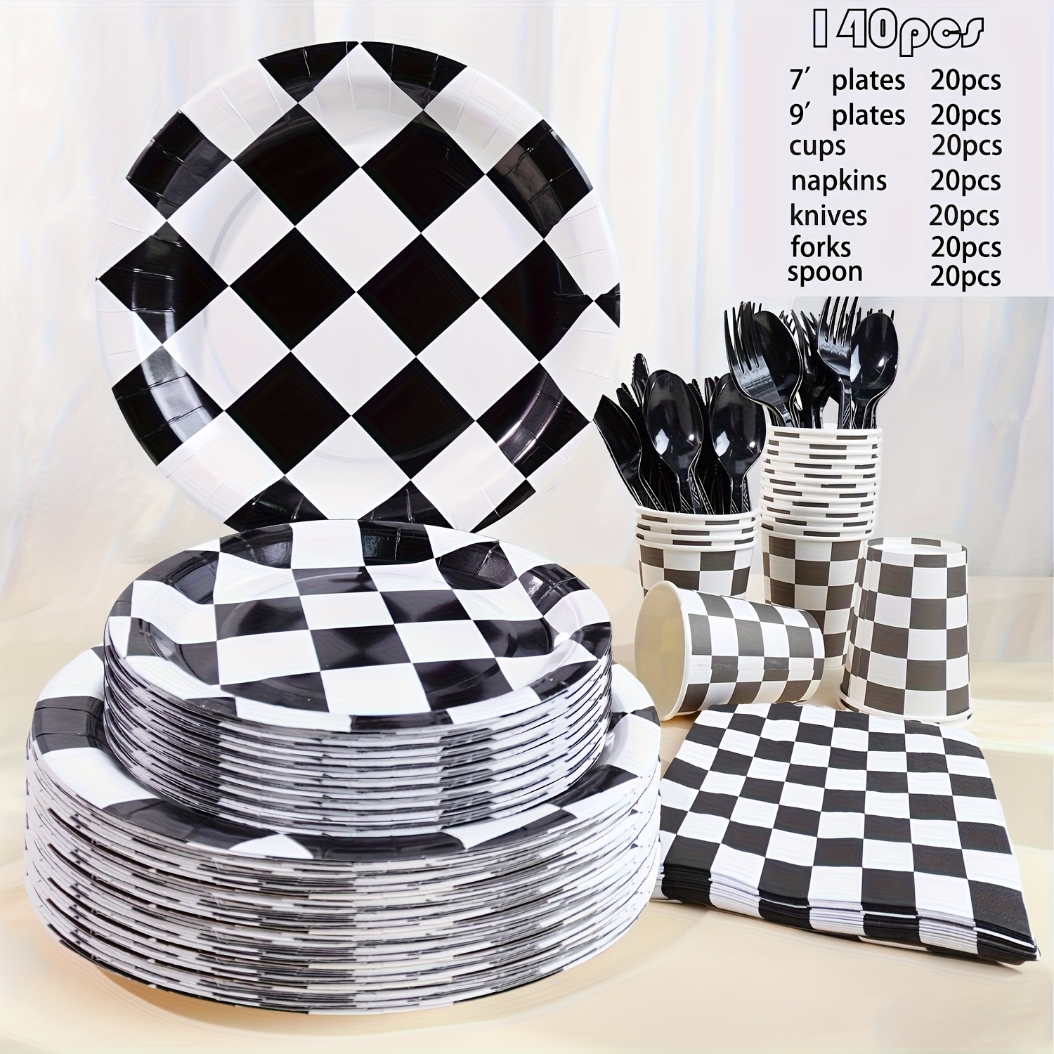 TEMU 140pcs Black White Checkerboard Party Tableware | Racing Speed Birthday Gathering Disposable Set | Plates Cups Napkins Cutlery For 20 Guests |