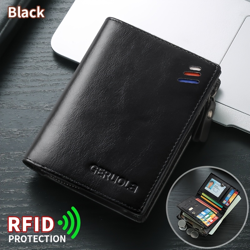 TEMU Men's Genuine Leather Wallet With Zipper Coin Pocket, Rfid Blocking Credit Card Holder, 11 Slots Large Capacity Bifold Money Clip Organizer Gift