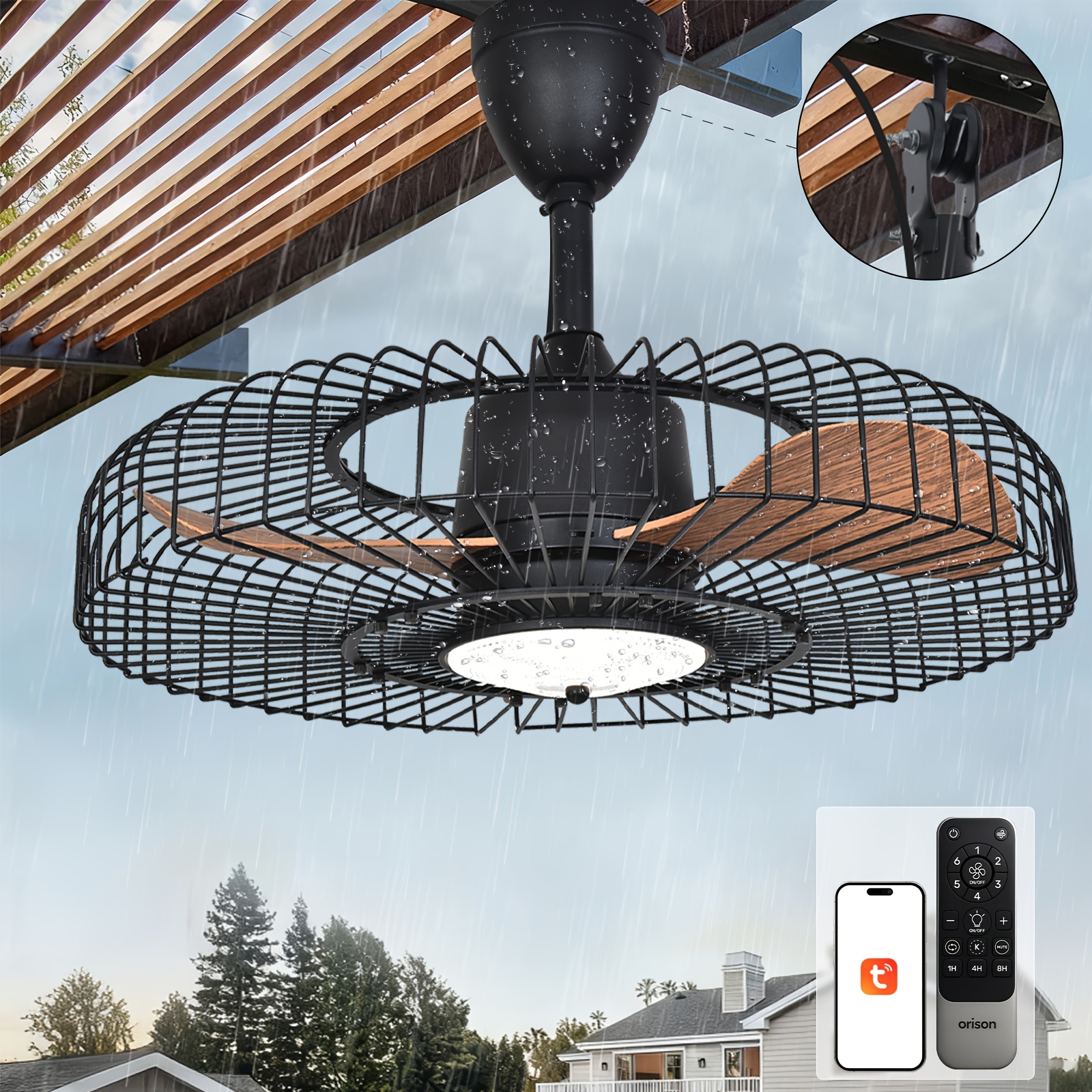24'' Outdoor Ceiling Fans with Lights, Wet Rated Gazebo Fan with Remote, Plug In Hanging Fan for Patio Waterproof, App Controll, Black