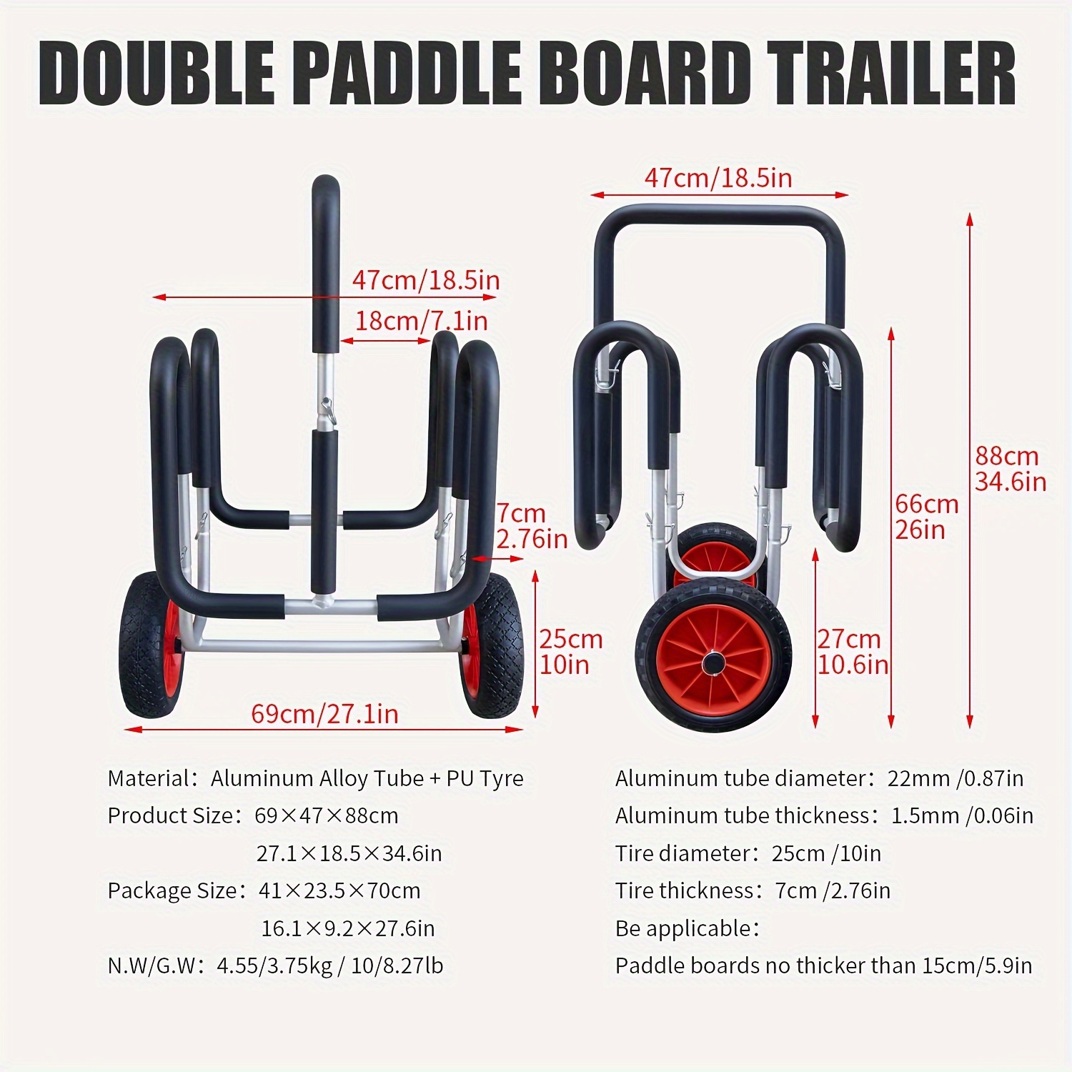 Koetsu Double Paddle Board Trailer, Frog Stand Up Beach Cart, Sup Surfboard Transport Cart With Airless Wheels, Trolley For Summer Paddle Boards, Can 2 Stand Up Paddle Boards Or Surfboards