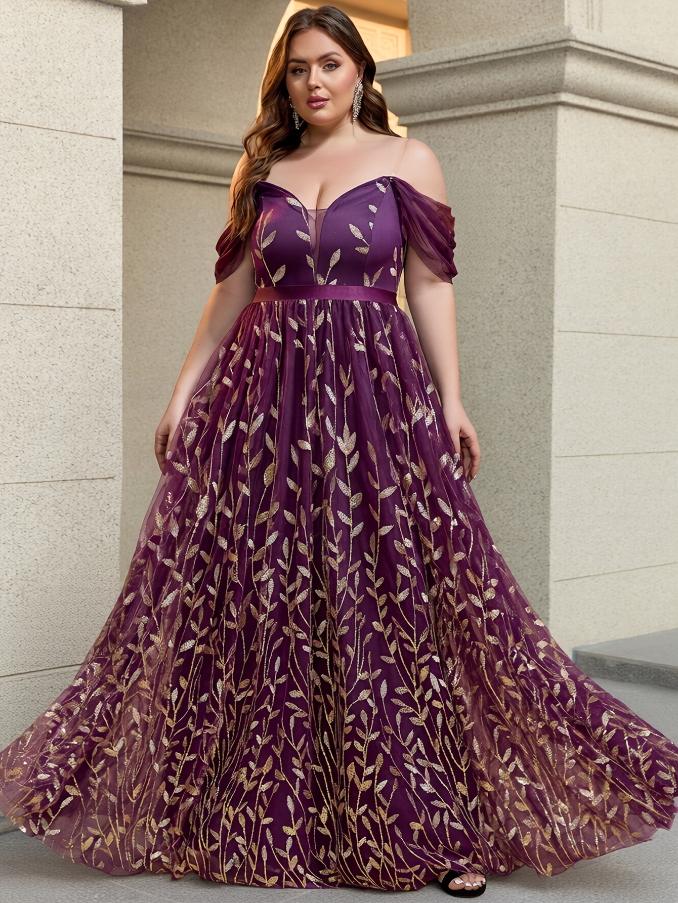 plus size formal dresses off the shoulder Plus Size Off Shoulder Bell Sleeve Rosette Gown In Navy Sateen main image 1