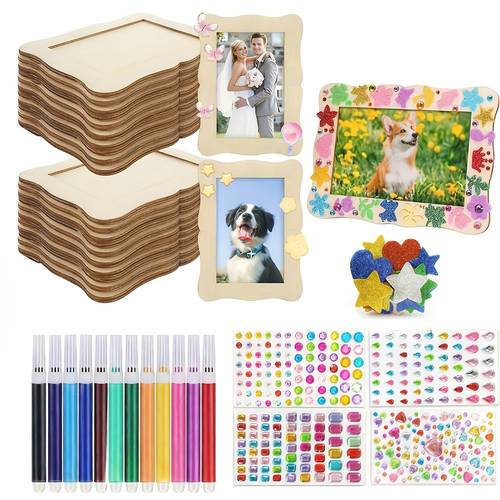 22pcs craft kit for picture framing contains 5 unfinished wooden frames 12 mini watercolor markers and stickers for your own photo frames diy wooden photo frames for home decoration