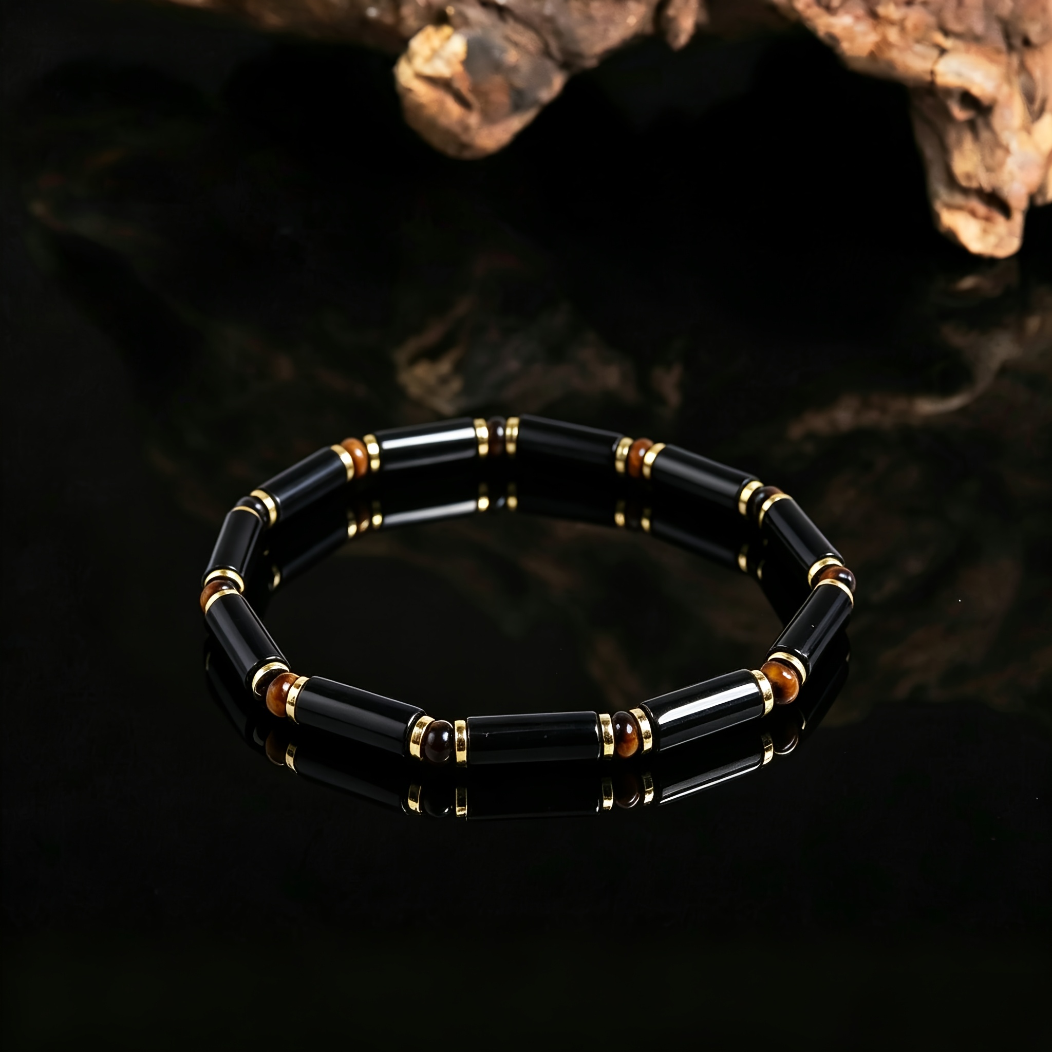 TEMU 1pc Lineargems Men's Bohemian Tiger Eye Tube Bead Bracelet - & With Golden Spacers, Minimalist Suitable For Daily Wear, Gift For Dad, Husband,