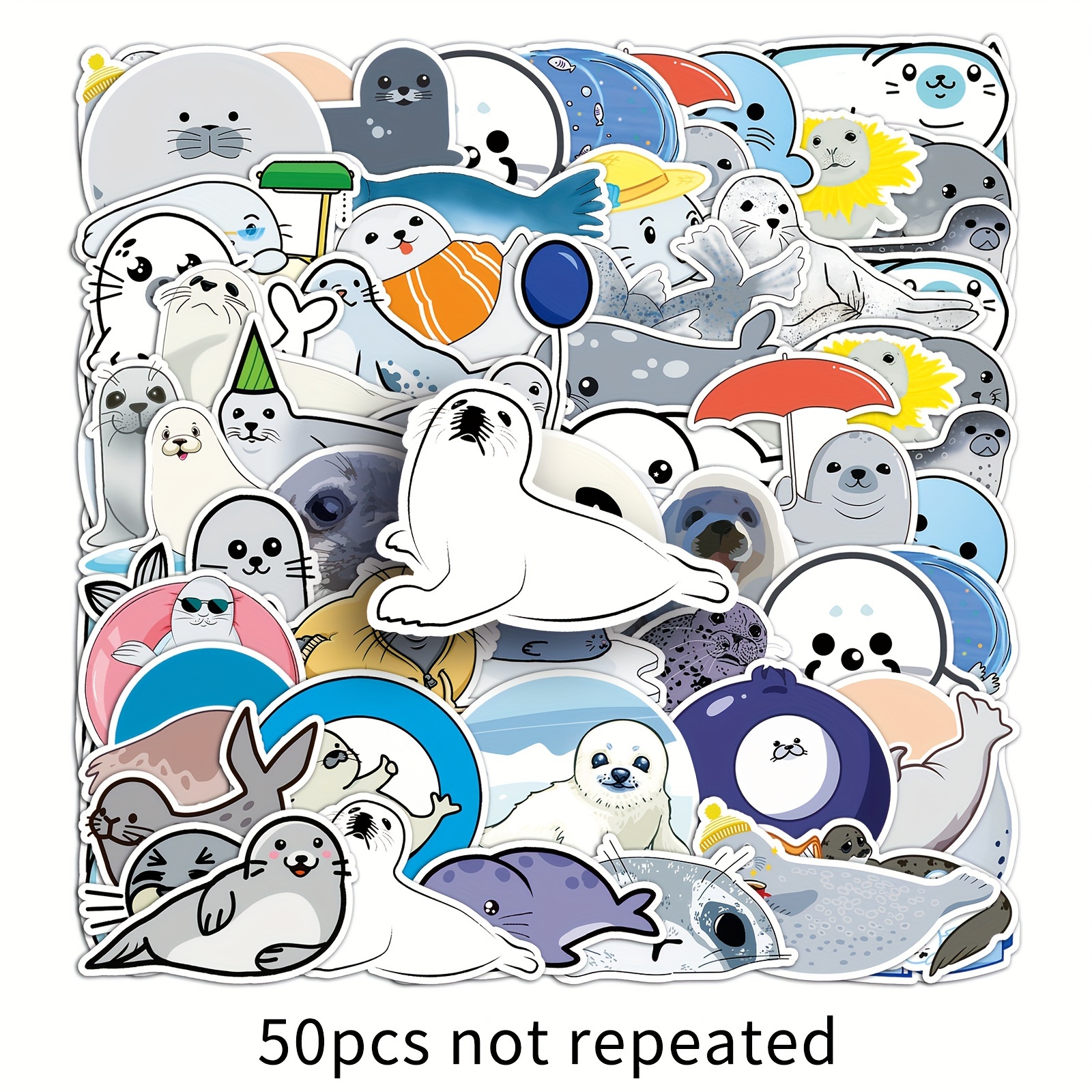 Image of 50pcs Seal Cartoon Animal Graffiti Stickers For Skateboard, Travel Case And Notebook - Creative Waterproof Decorative Sticker