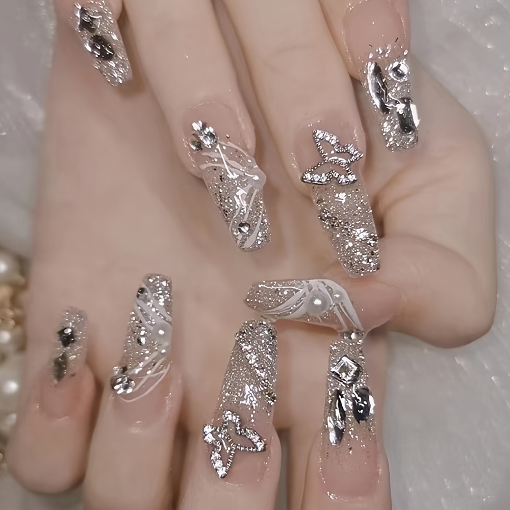 TEMU Sparkling Long Nails 24pcs Ballet Nails Semi Handmade Nail Sparkling Point Glitter Fake Nail Set Reusable Nail With Nail Glue Patch Nail File, Suitable For S' Party Gifts Cdz206 And