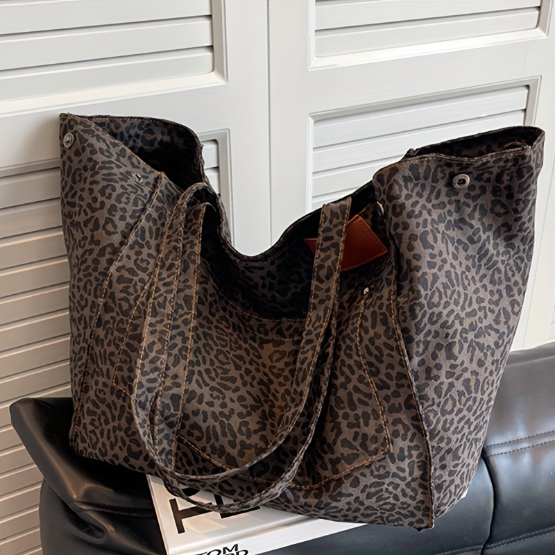 Image of Fashion Sweet Cool Leopard Print Tote Bag, Lazy Style Large Capacity Handbag, Contraction Button Design, Single Shoulder Or Hand Carry, Suitable For Daily Casual Commuting And Travel