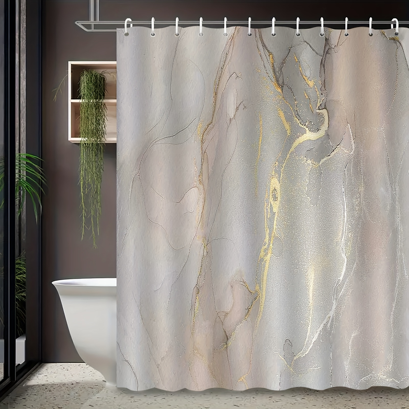 

Elegant Marble Pattern Shower Curtain - Waterproof & Mildew Resistant With 12 Hooks, Polyester Fabric For Bathroom Decor
