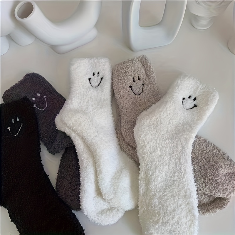 

4 Pairs Embroidered Cute Face Coral Fleece Socks, Mid-calf Cozy Thick Plush Crew Socks For Women, Winter Warm Floor Sleeping Socks