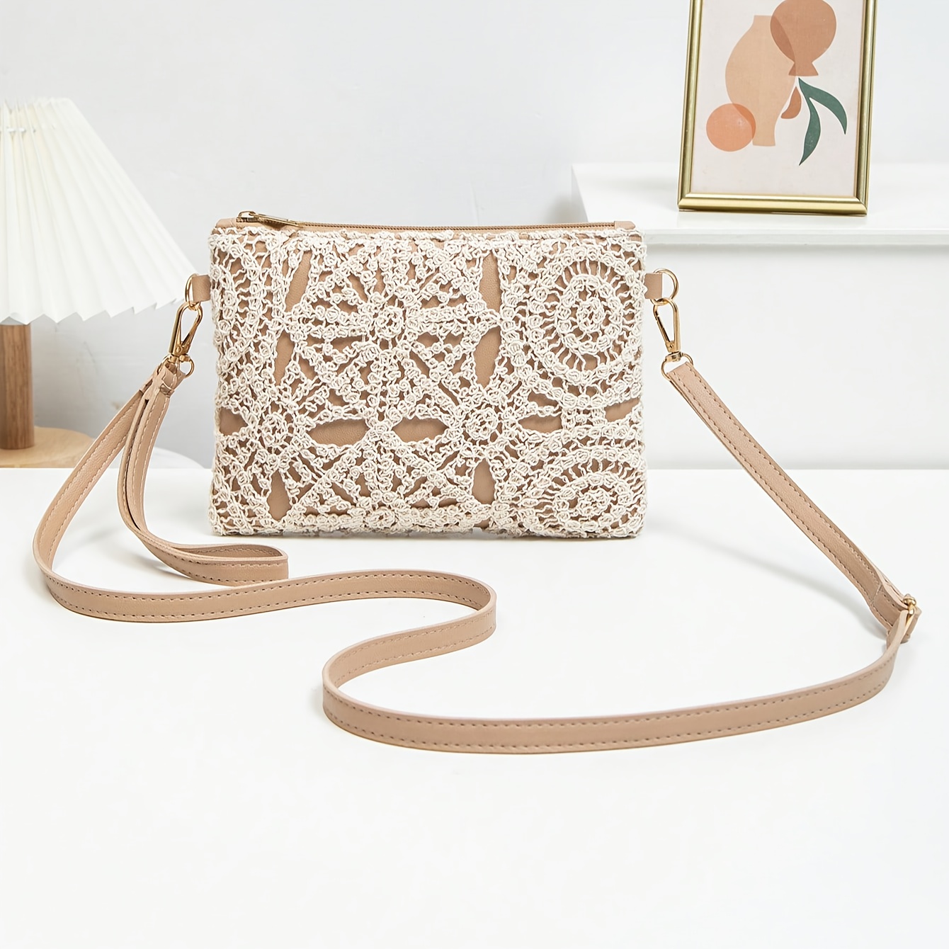 an elegant lace crossbody bag featuring intricate     with a simple nude strap showcasing a feminine charm   spring and summer it       dresses or casual outfits not washable