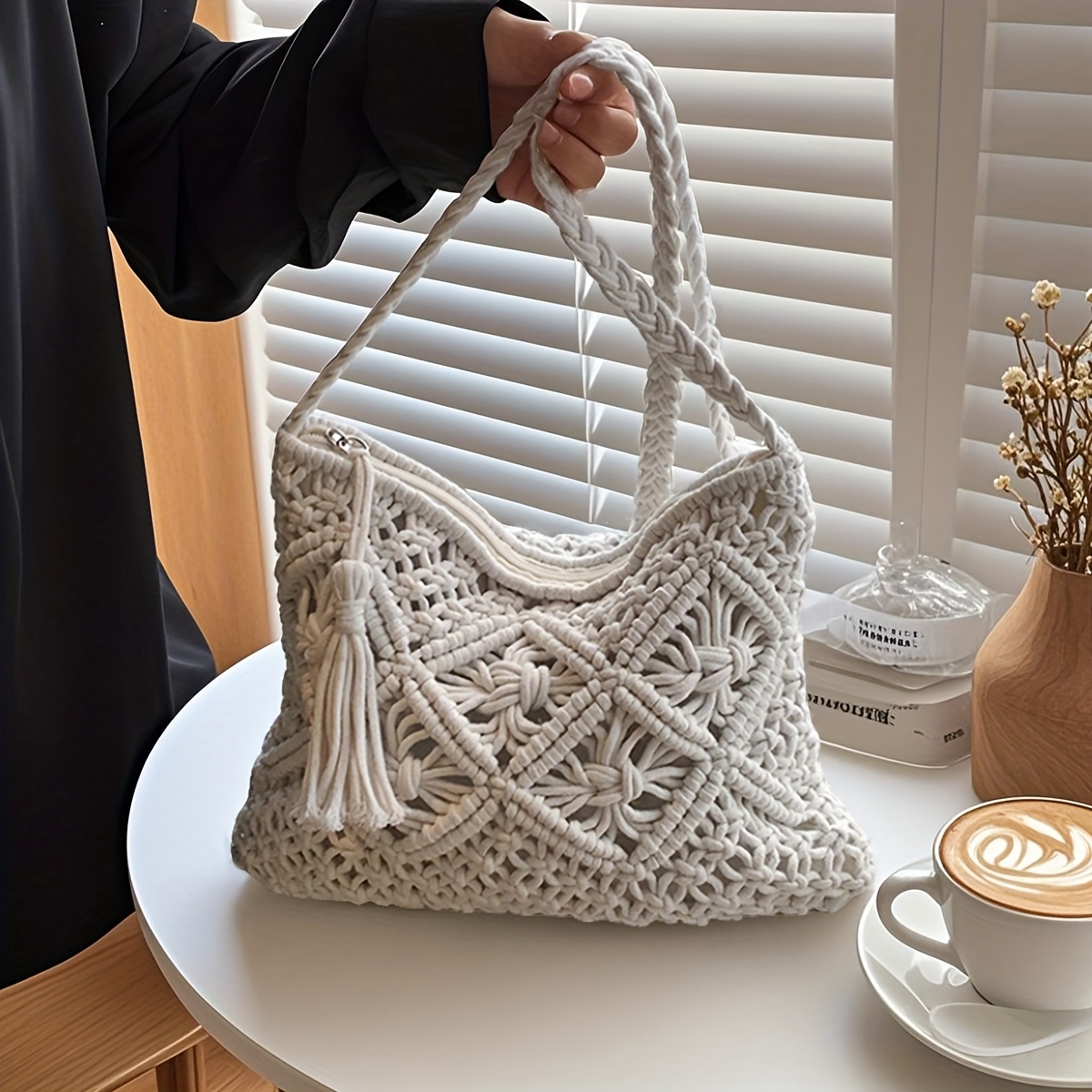 Image of White Polyester Women's Shoulder Bag, Handmade Casual Tassel Minimalist Trendy Hollow Woven Straw Bag, 1pc Crossbody Bag For Women