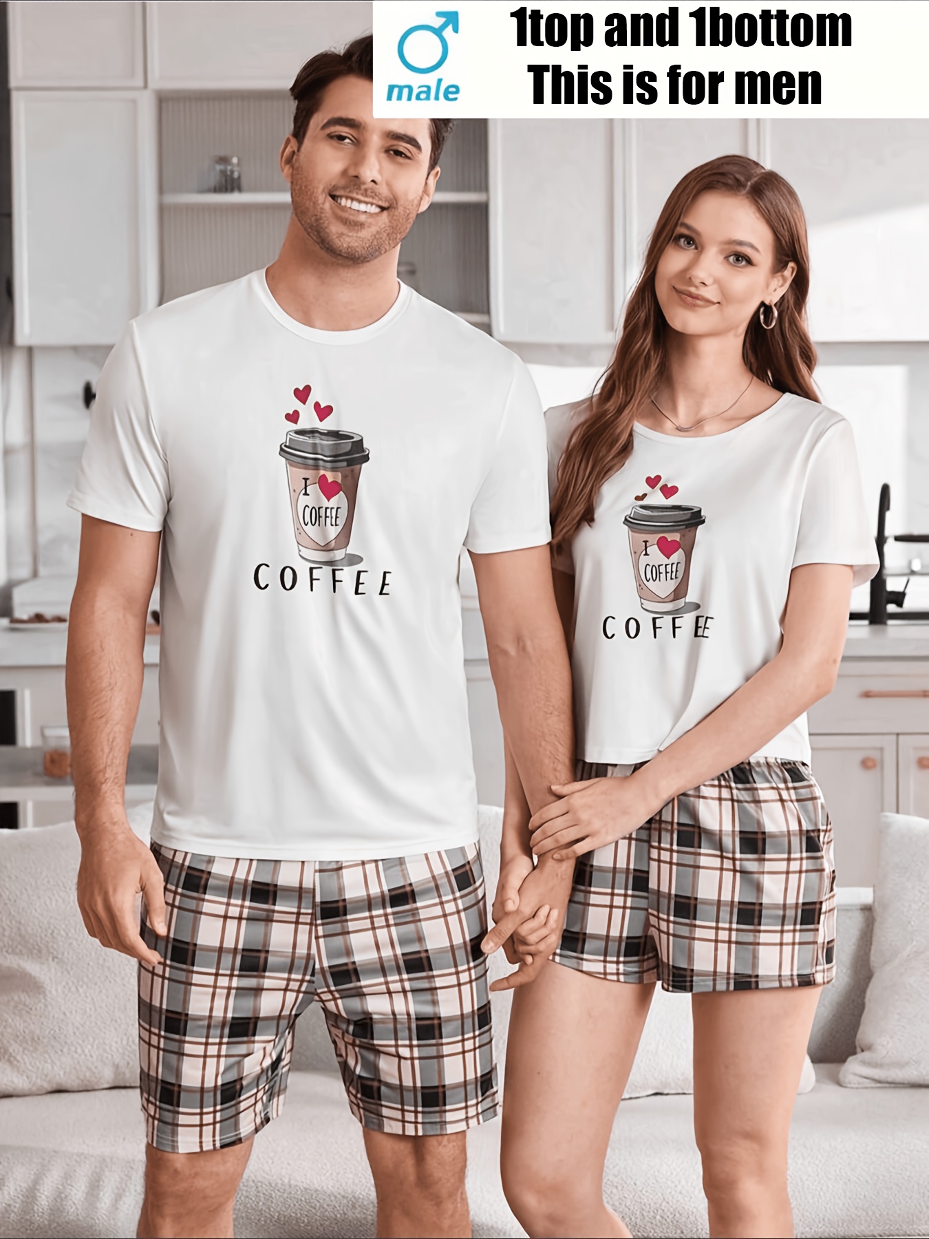 [MEN/WOMEN] Couple Style Valentine'S Day Casual Pajama Set Comfortable, Cute Casual Coffee Cup Plaid Print Four Seasons Men'S One T-Shirt One Shorts Or Women'S One T-Shirt One Shorts Home Wear Single Set
