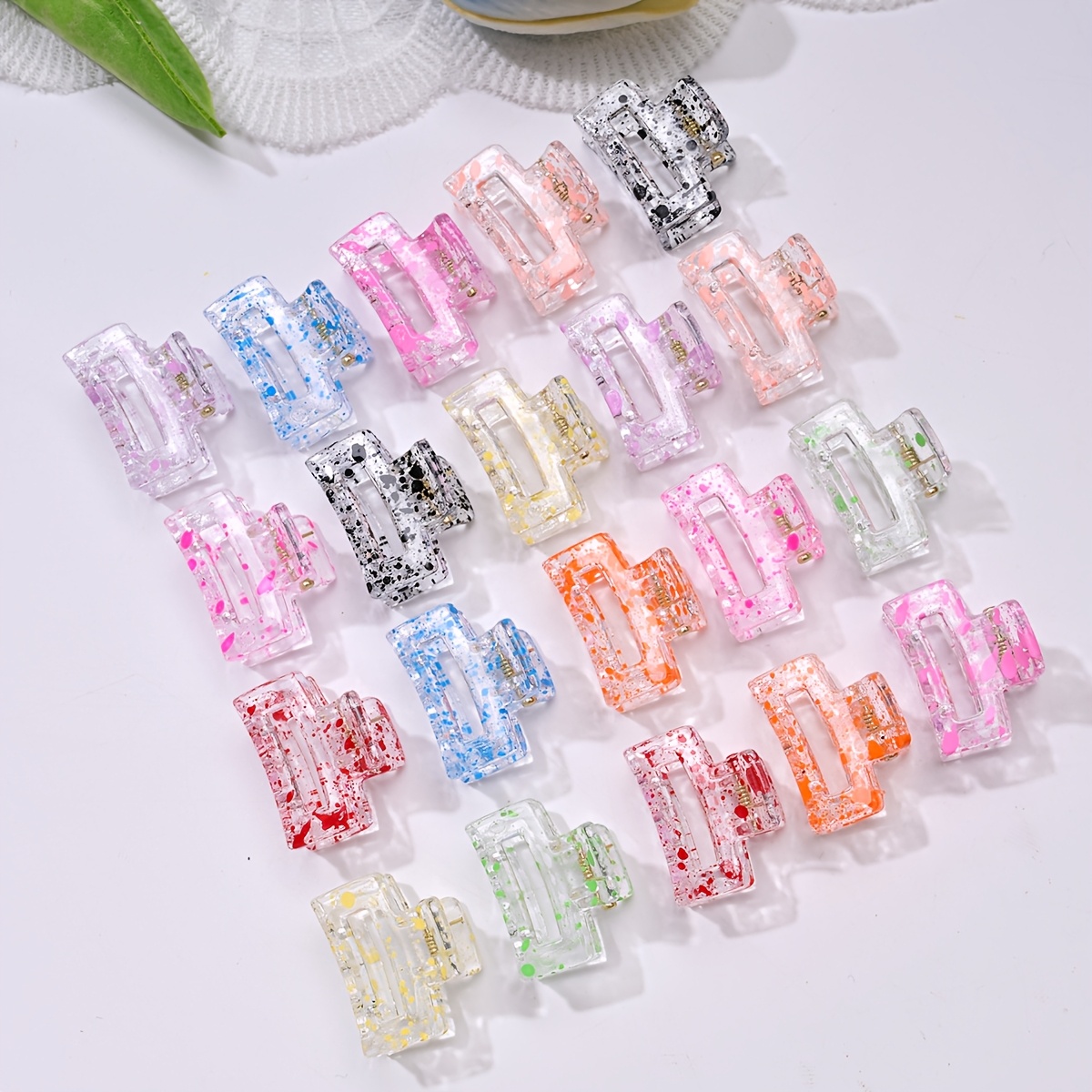 TEMU 20pcs Color Random Delivery Ladies Hairpin New Transparent Color Ink Splash Square Small Grab Clip Braiding Clip Half Tied Hairpin Back Of Head