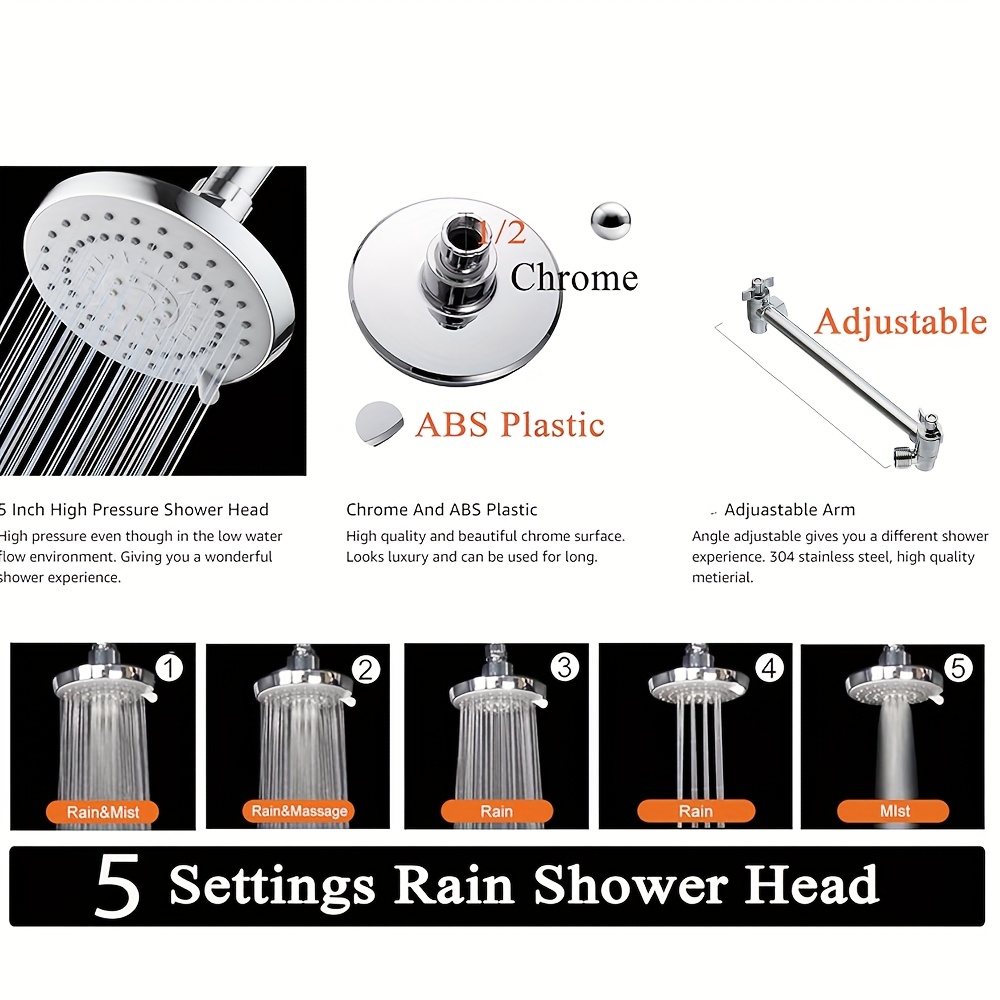 5-Mode Adjustable High Pressure Rainfall Shower Head with Extension Arm