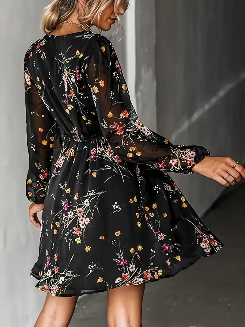 πλαϊσμένο - ρόμπα με φυτικά σχέδια για γυναίκες - v-μανίκια, μακρύς, με στενό τσεκάκι, ρούχο με φουσκωτό φουσκωτό, ιδανικό για την άνοιξη/το καλοκαίρι, στυλ για την καθημερινή ζωή|ρόμπα με φυτικά σχέδια|χιφόν υλικό Στοιχεία είδους 12