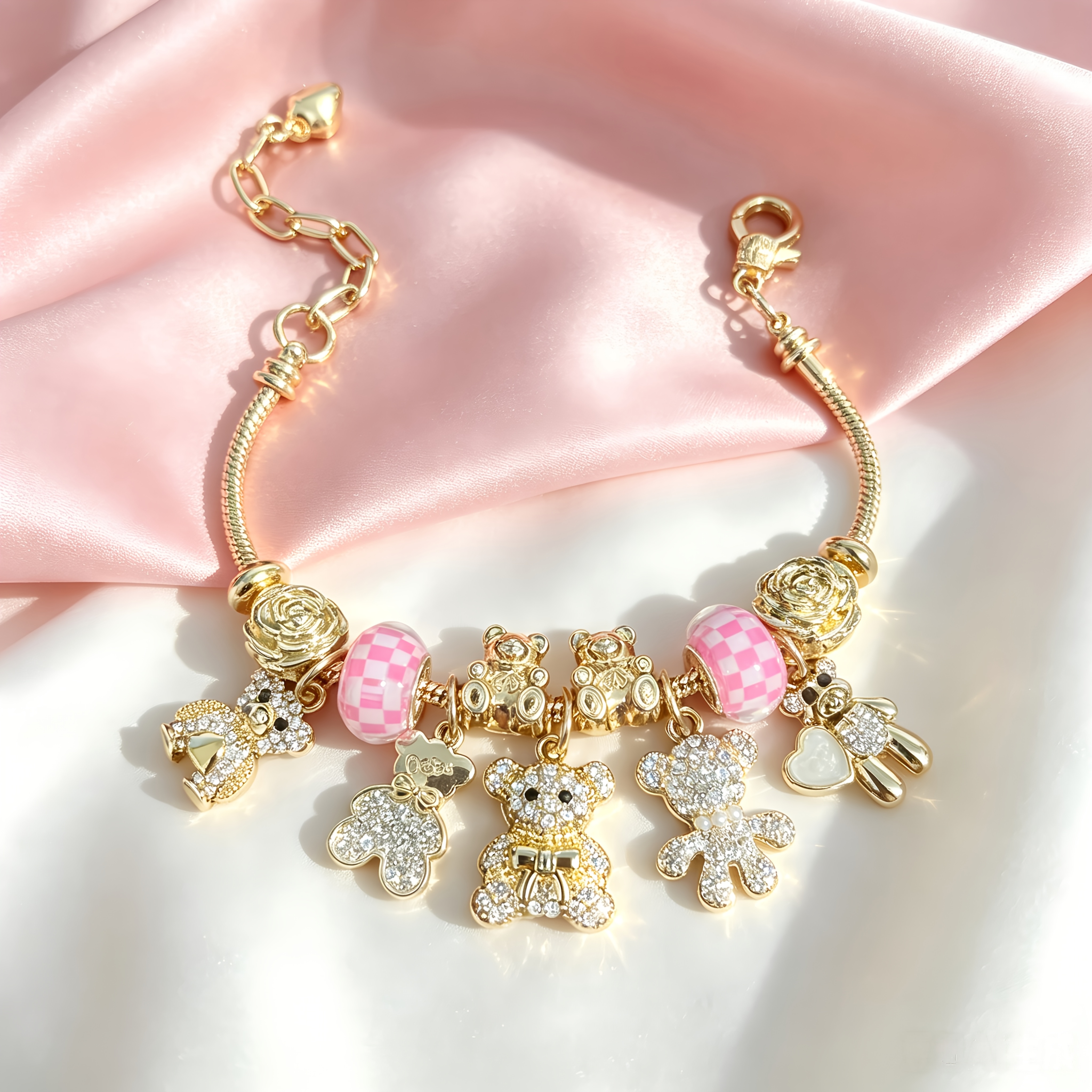 TEMU Golden Cute Bear Snake Bone String Bracelet, Adjustable Bangle, Multiple Sparkling Rhinestone Bear Charms, Rose Flower And Pink Beads, Jewelry