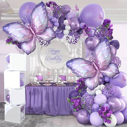 129pcs purple balloon garland arch set curling ribbon ideal for weddings birthdays anniversaries spring celebrations indoor outdoor decor