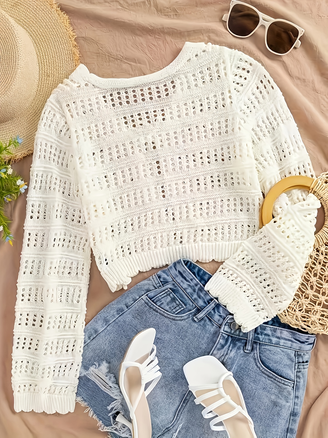 women's elegant white crochet cardigan ribbed sleeves v neck