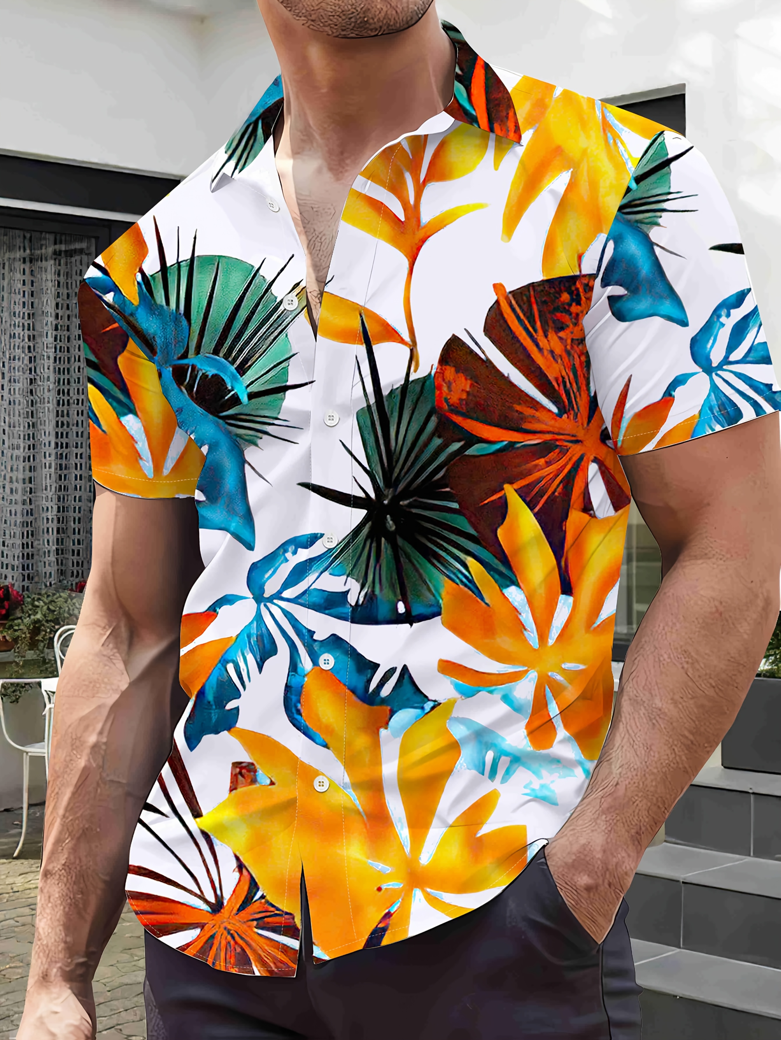 mens tropical leaf print short sleeve button shirt vibrant Temu Oman