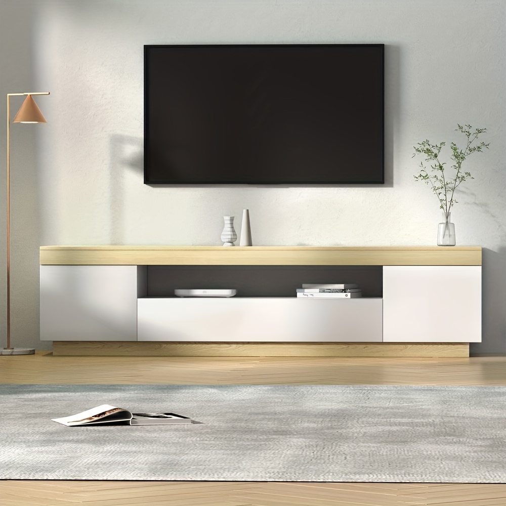     71 modern tv stand entertainment center with   white   2 cabinets storage drawer   wood melamine 180  assembly 3 2 cubic feet storage living room tv stand sleek cabinet melamine   Product details 0