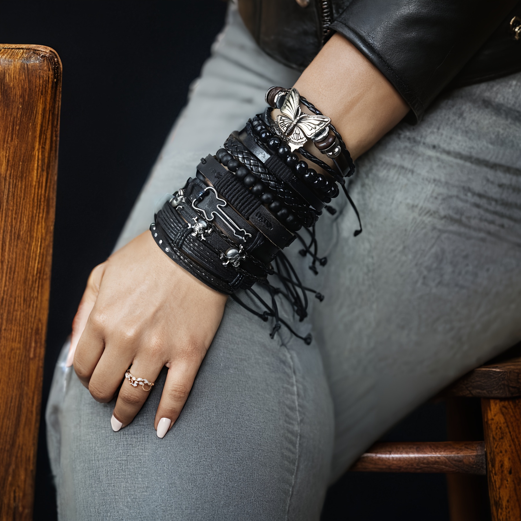 10pcs/set Black Punk Style Faux Leather Bracelet Set - Adjustable Cuff Wraps For , Perfect For Casual Attire & Gifting