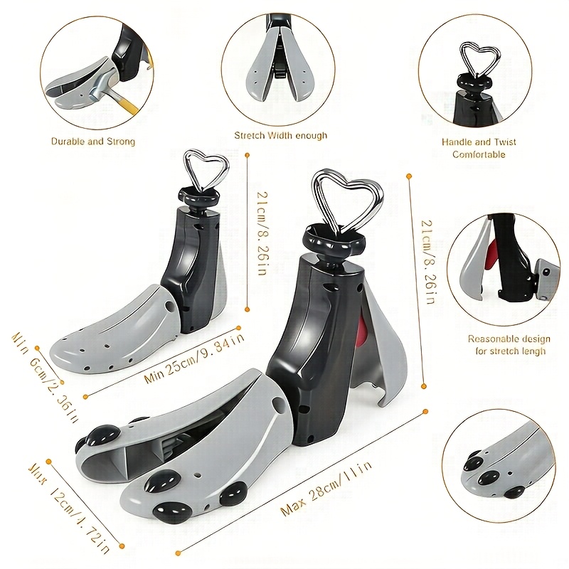 2 piezas (1 estirador de zapatos + 1 calzador) Unisex, ajustables, de plástico, adecuados para varios tipos de zapatos: zapatos de cuero, zapatillas altas y bajas