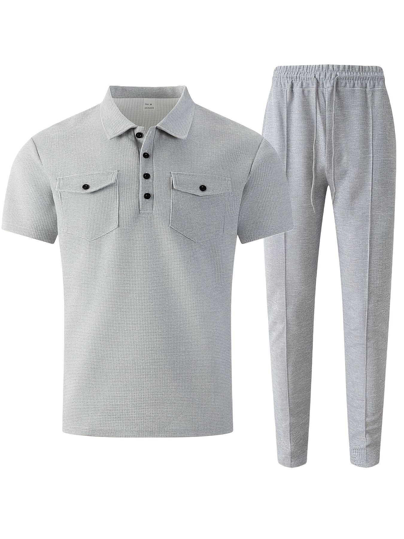 Men's 2pcs Set, Solid Color Minimalist Black Button-Up Short Sleeve Shirt with Two Pockets and Collar + Drawstring Waist Pants, Men's Spring/Summer Casual Vacation Daily Wear
