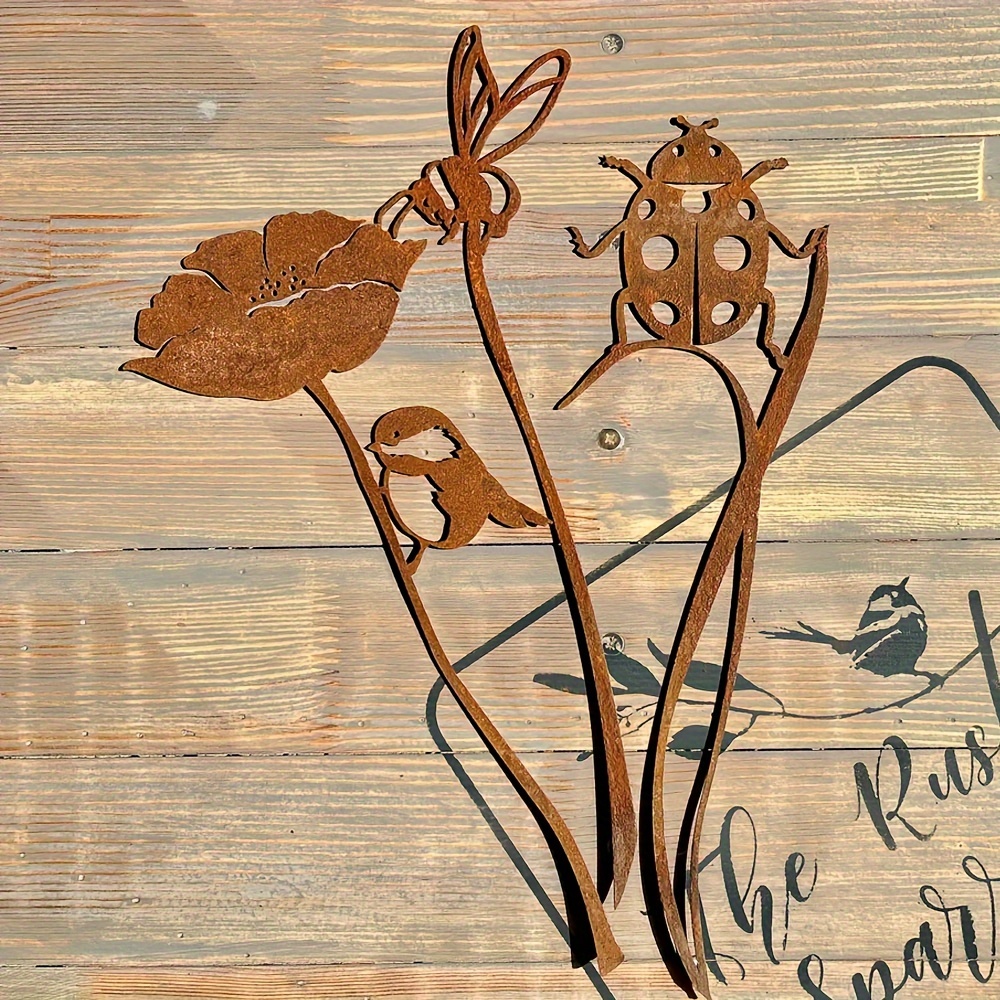 

Rustic Metal Garden Stake Decor, Rusty Sparrow & Flower Design, Outdoor Yard Art Sculpture, Versatile For /christmas/valentine's/thanksgiving, No Power Needed, By Yohwor