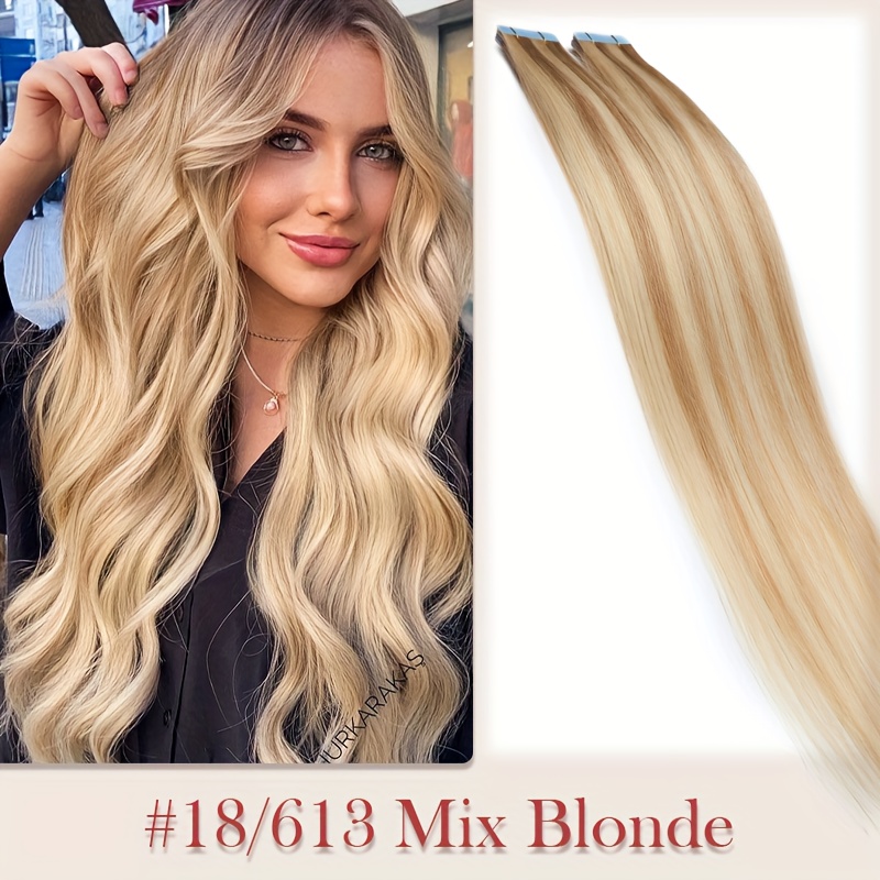 [20pcs Tape In Hair Extensions] 20pcs 22 Inch Full Shine Tape In Hair Extensions | Highlighted Blonde Brown Double Sided Real Human Hair | 50g