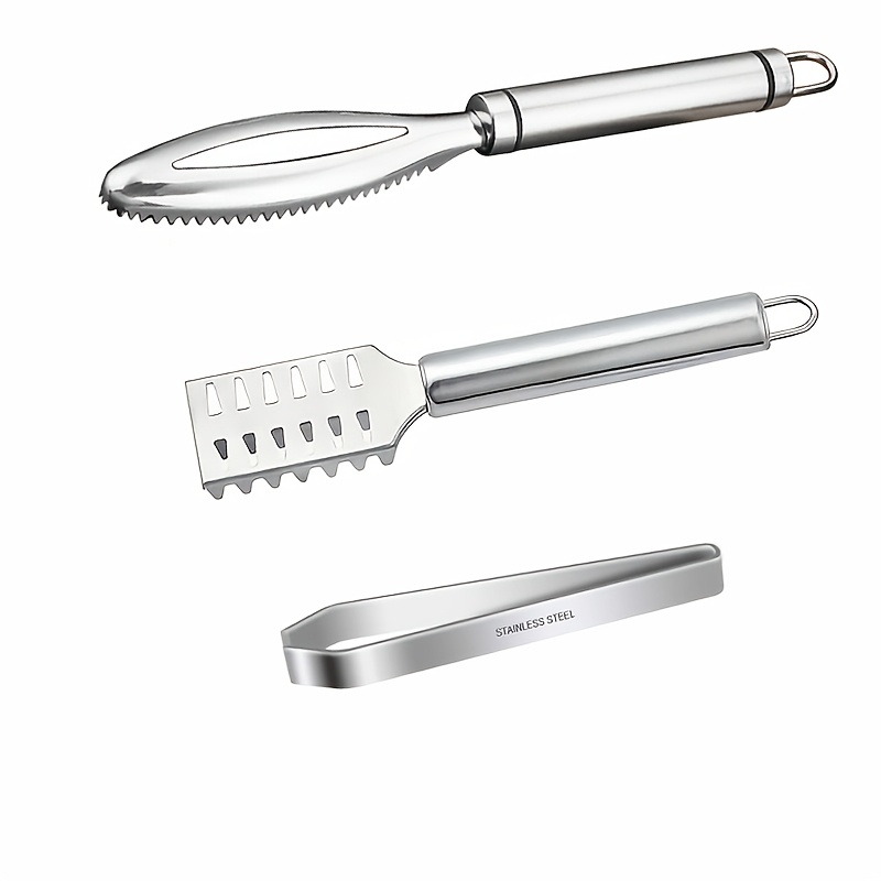 E-shop 3-teiliges/Set Fischschuppenentferner, Edelstahl Fischschuppenbürste, Multifunktionales Fischschuppenentfernungswerkzeug und Fischgrätenzange,