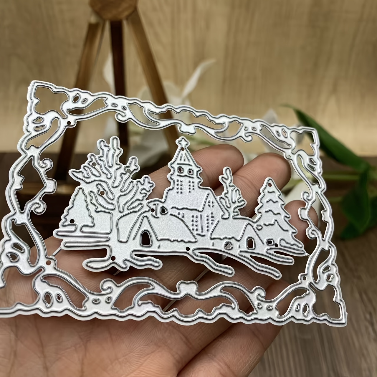 TEMU Matrices de découpe en métal Scène de village d'hiver de Noël, pochoir enneigée pour le scrapbooking DIY, la création de cartes de vœux de fêtes
