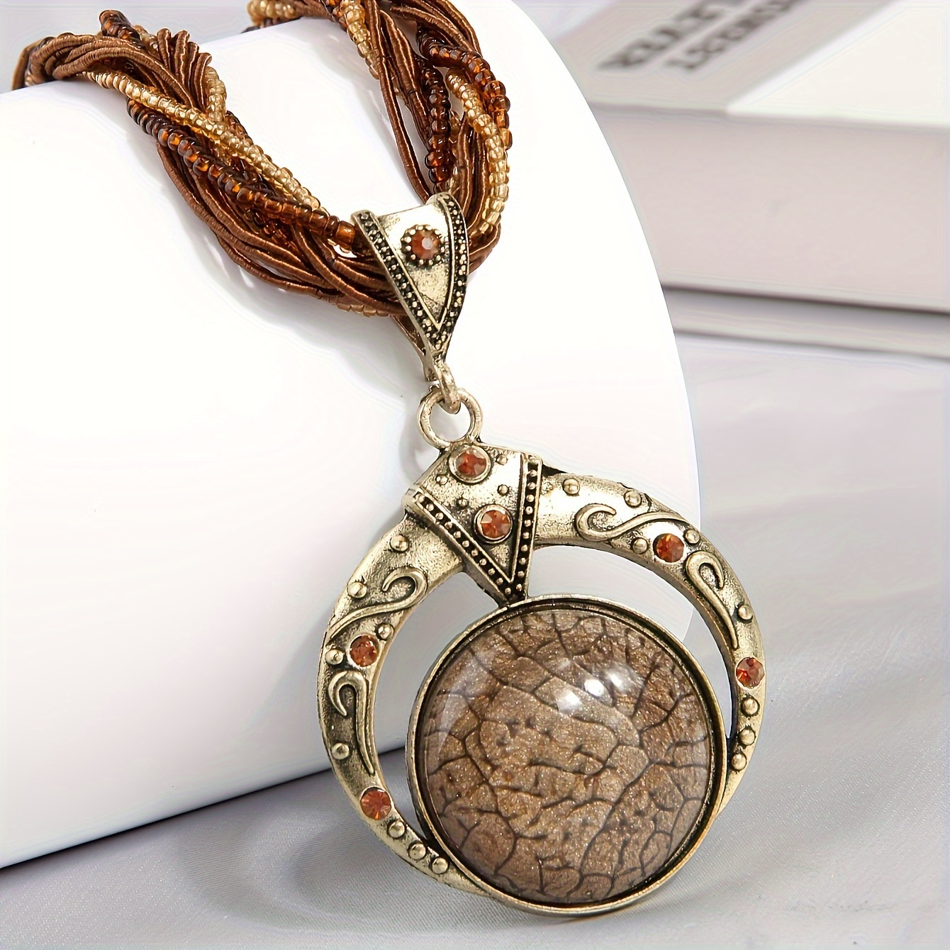 TEMU 1pc Collier Pendentif Mode Femme, Style Ethnique Bohème Rétro, Tissage de Perles de Riz Oeil de Chat Rond et Creux, Convient pour le Port , et