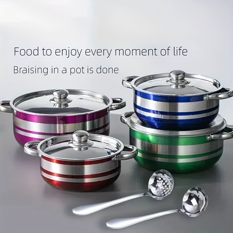 10pcs stainless steel cookware set with lids spoons multi color induction gas stove compatible   soups hot pots noodles seafood details 0