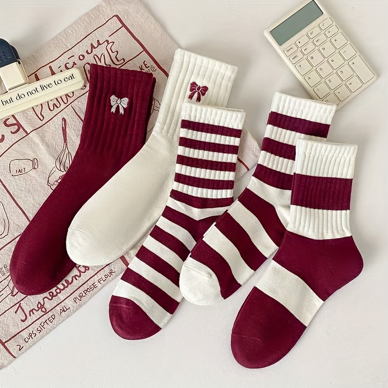 TEMU 5 Pair Of Red Striped Socks, Women's Fashion Mid-calf Burgundy Sports Socks