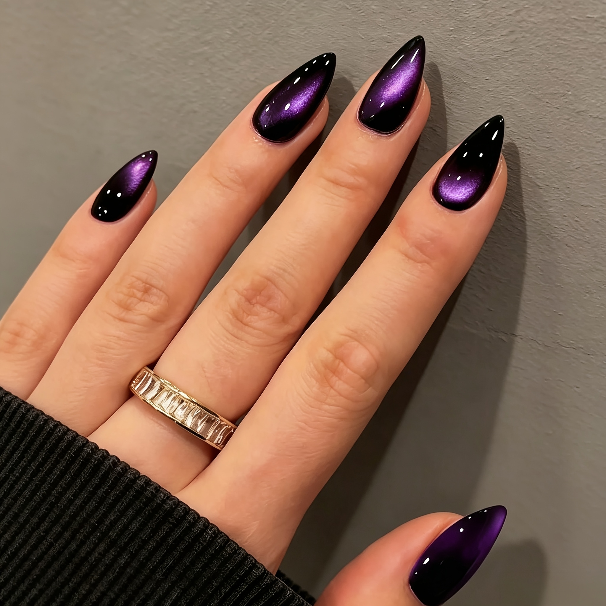 TEMU Danartlux 24 Stück Lange Mandelform Press-On Nägel Herbst Winter Schwarz Lila Farbverlauf Katzenaugen Nägel Gothic Y2K Dunkel Elegante Schimmer
