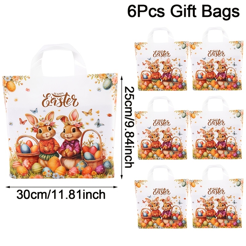 Image of Gift For Her/him 6pcs Easter Gift Bags, 30*25cm Colorful Easter Bunny Eggs Plastic Tote Bag With Handles, Party Favor Bags For Egg Hunt Party Supplies, Reusable Gift Packaging Bags, Easter Gifts