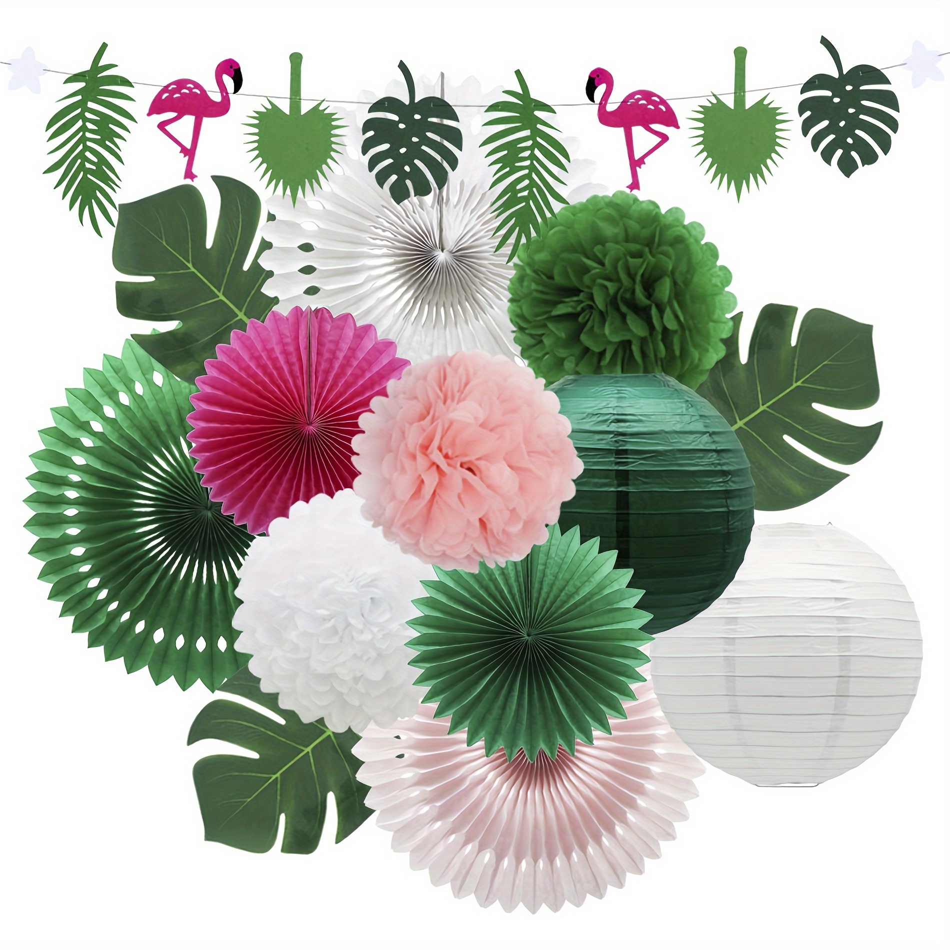 Image of 1 Set, Tropical Flamingo Palm Leaves Party Decorations With Paper Fans Paper Lanterns Pom Poms Flowers For Birthday Bridal & Baby Shower Bachelorette Hawaiian Beach Pool Summer (green)