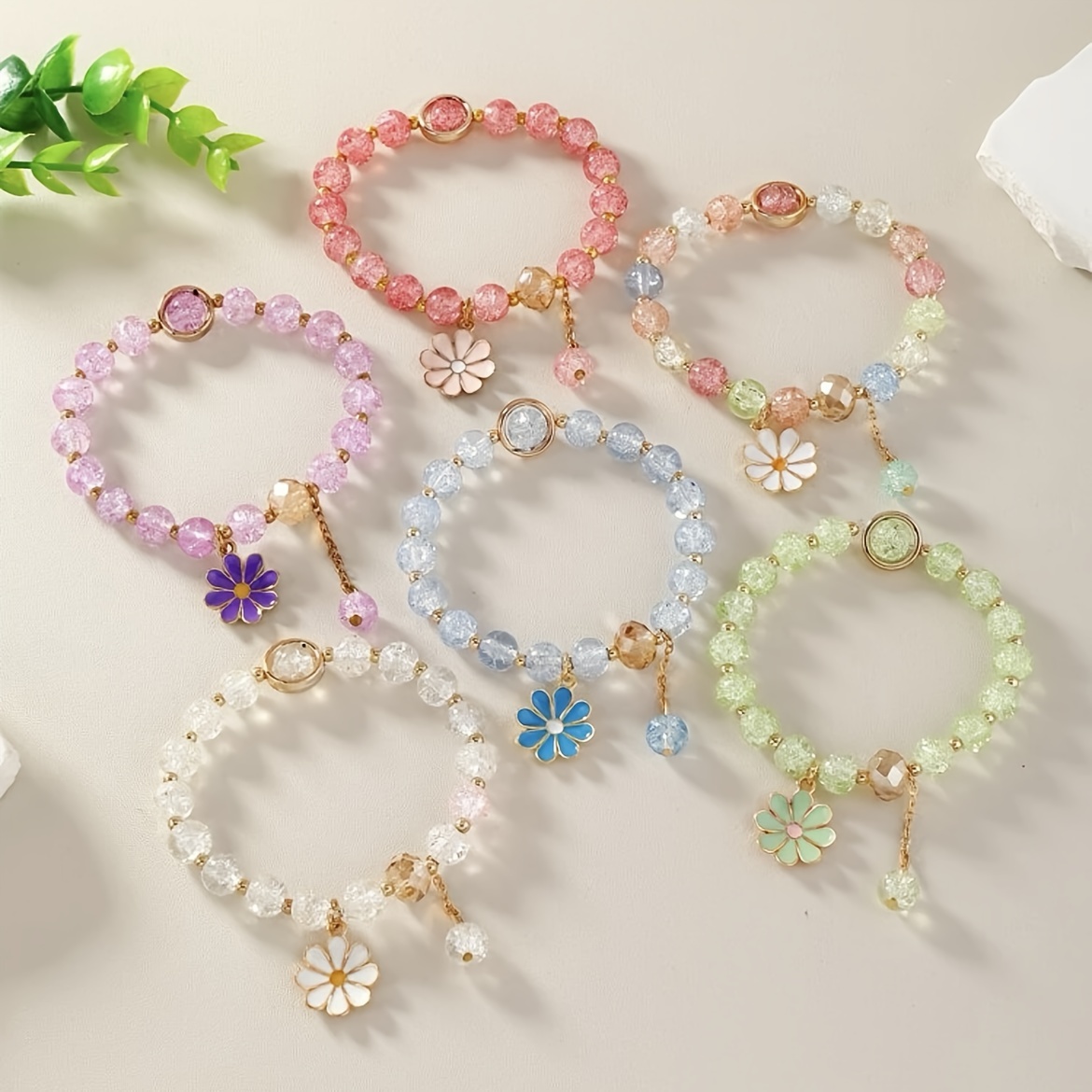 

[popular ] 6pcs Daisy Glass Bead Bracelets - -inspired Sunflower Design, Perfect Gift For & Family, Explosion Flower, Ladies