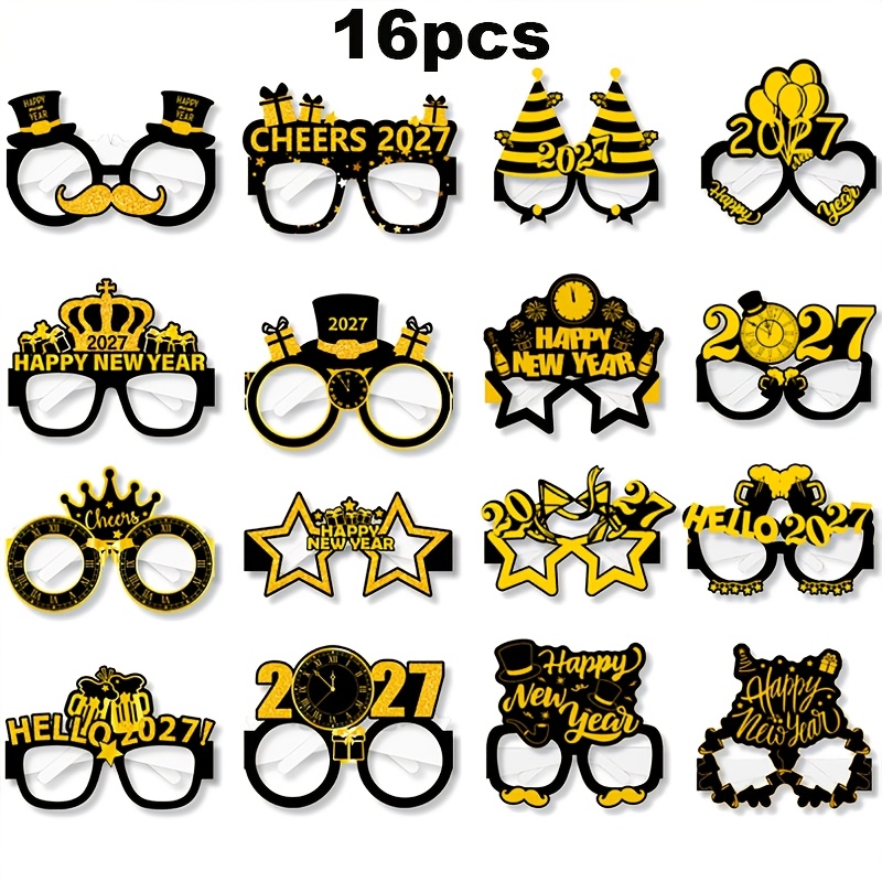Image of 16/32pcs Happy New Year Paper Glasses Party Decoration, 2027 New Year's Eve Photo Prop Glasses, Suitable For New Year Party Decoration Items, Universal Size (no Lenses)
