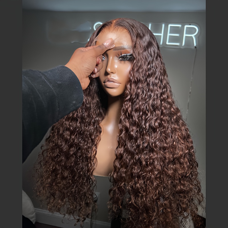 Image of Chocolate Brown Wigs Dark Brown Lace Front Wigs 30 Inch Deep Wave Lace Front Wig Deep Curly Wig Transparent Hd Lace Breathable Cap Glueless Hd Lace Frontal Curly Wave Wigs For Women Daily Party Use