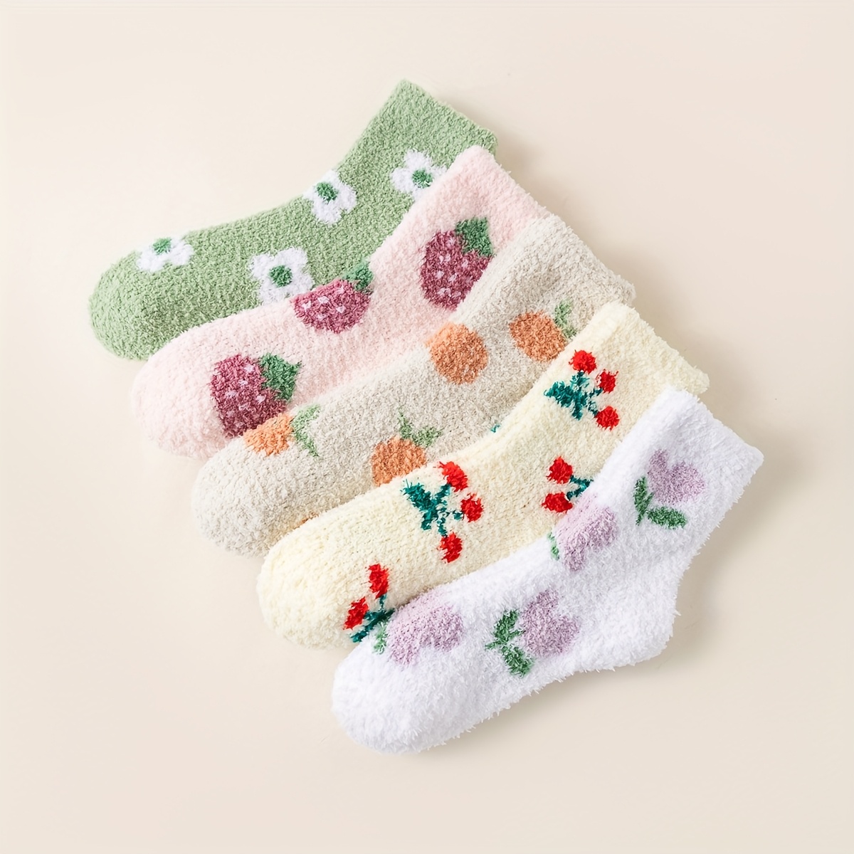 Image of 5 Pairs Of Thickened Warm Floor Socks With Flower And Fruit Patterns, Cartoon Cute, Fashionable, Trendy, Home Maternity Sleep Socks