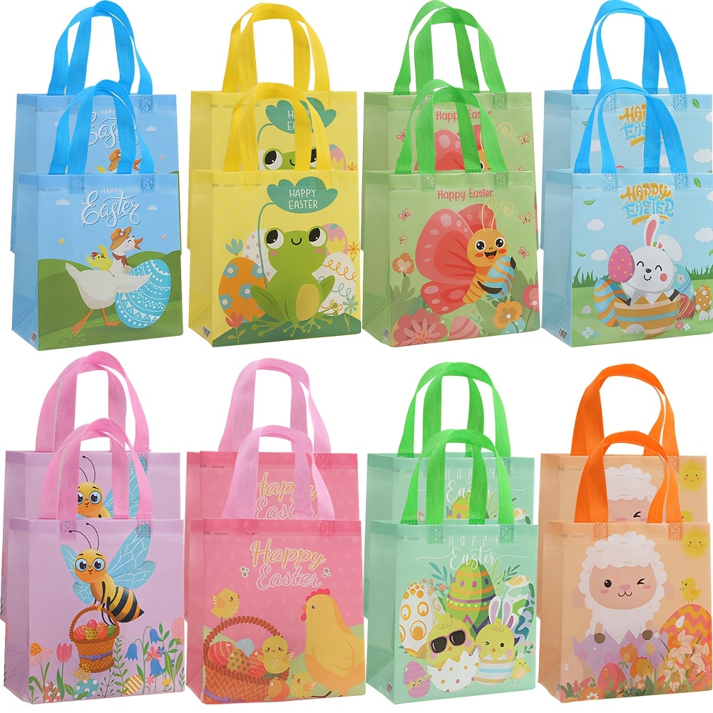 

8/24 Pack Easter Themed Polypropylene Gift Bags - Cartoon Chick, Duck, Egg & Bee Designs - Party Favor Shopping For Easter Event Supplies