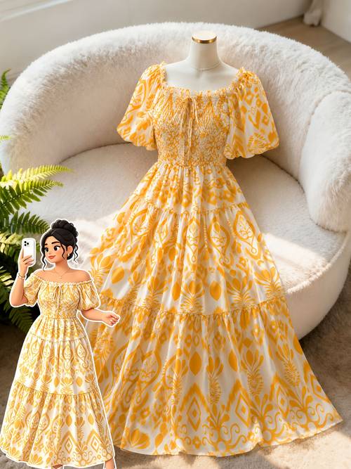 womens elegant square neckline puff sleeve waist cinching a line vintage print ruffle hem flared long dress suitable for travel and vacation