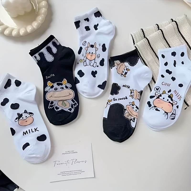 E-shop 5 Paar stylische Damensocken mit Tierdruck und Kuhmotiv, bequem und weich, geeignet für alle Jahreszeiten