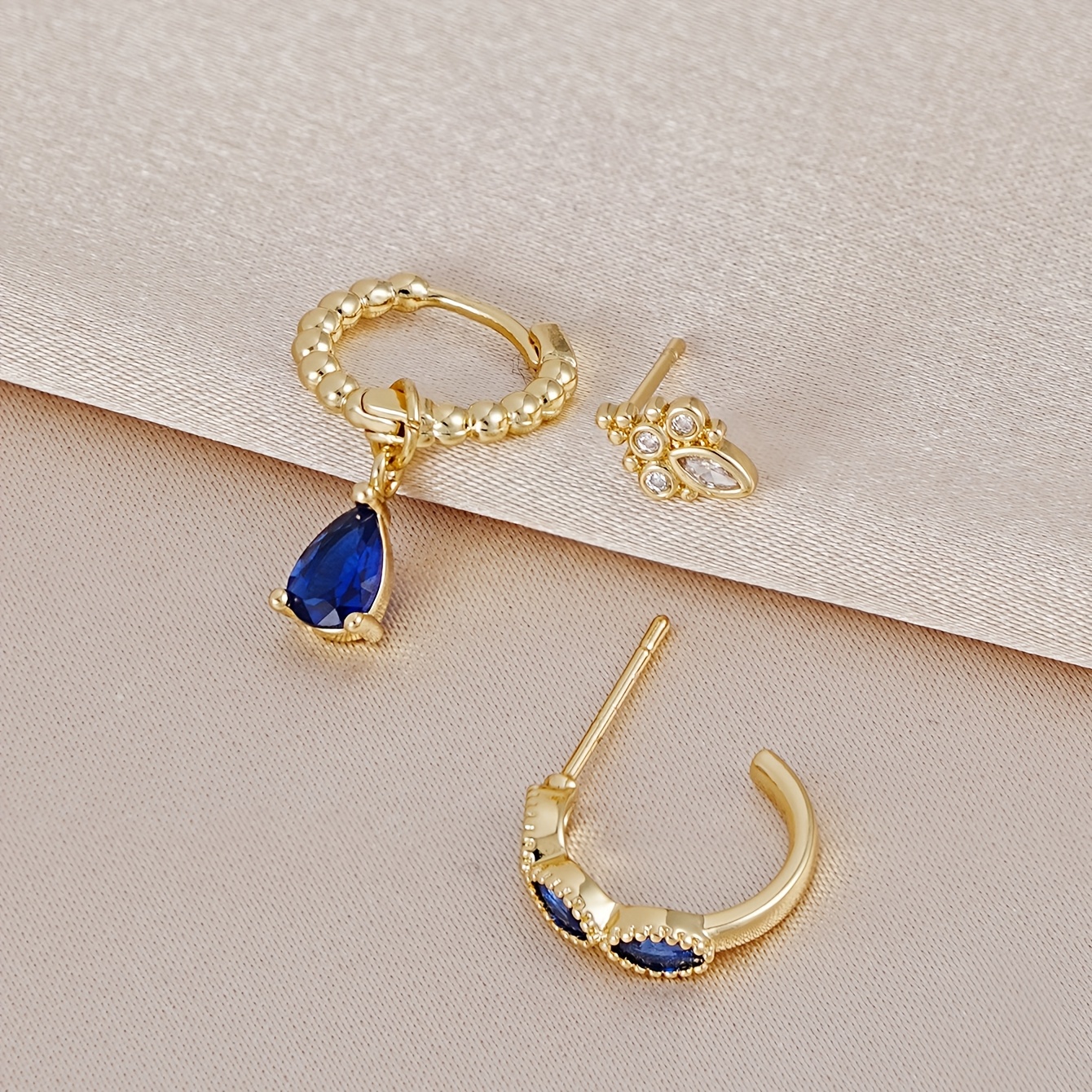 TEMU 3pcs Fashion Stud Earrings, Vintage Exquisite Blue Synthetic Synthetic Zirconia Stud Earring Set, Suitable For Women's Vacation, Music Festival,