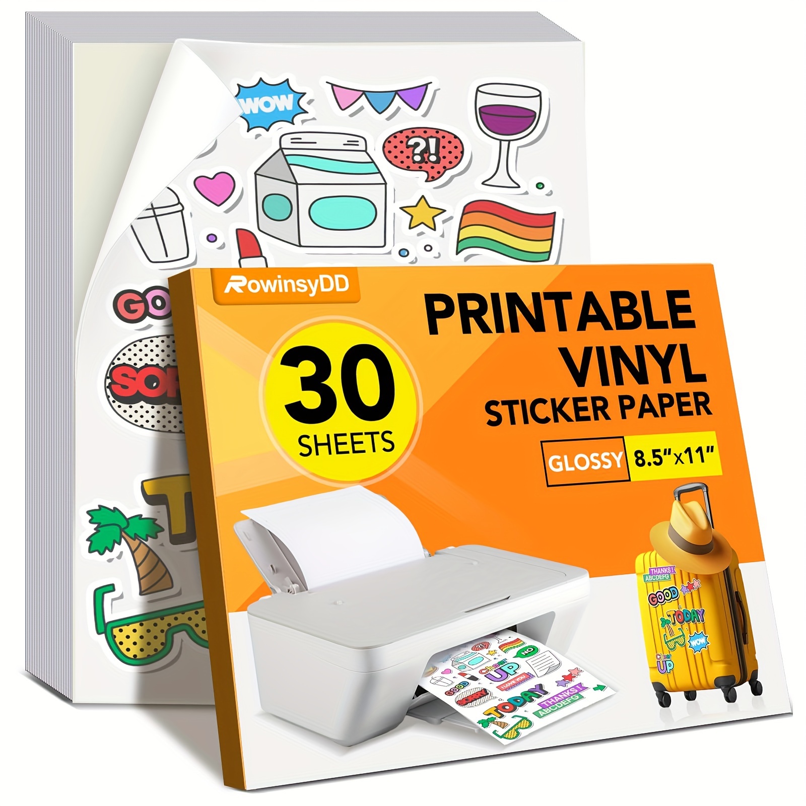 

30-piece Glossy White Printable Vinyl Stickers, Quick-dry Inkjet & Laser Compatible, 8.5"x11", Tear-resistant For Everyday Office Use