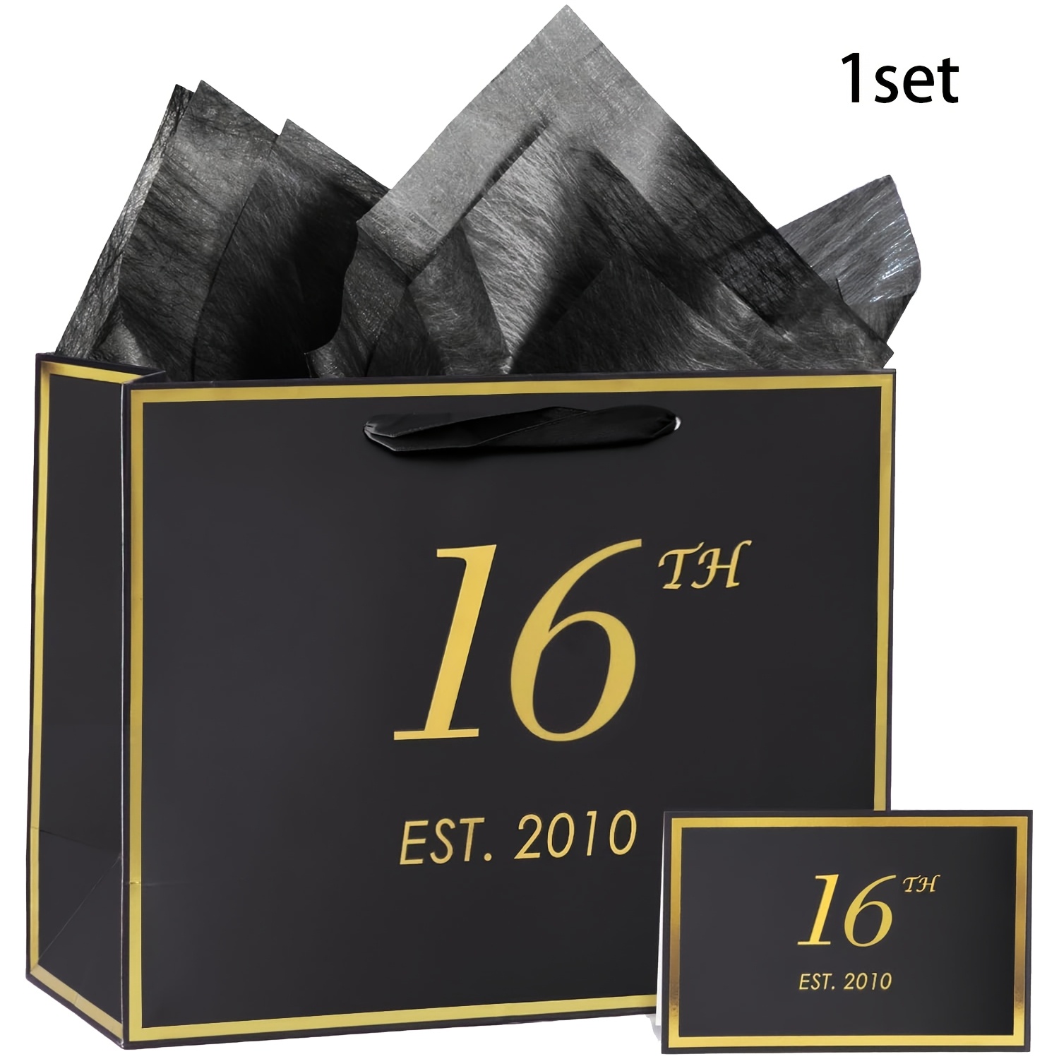 TEMU 1set/5sets,black 16th Birthday Gift Bag With Card And Tissue Paper For Men Women, 2010 16 Year Old Elegant Black Golden Anniversary Keepsake