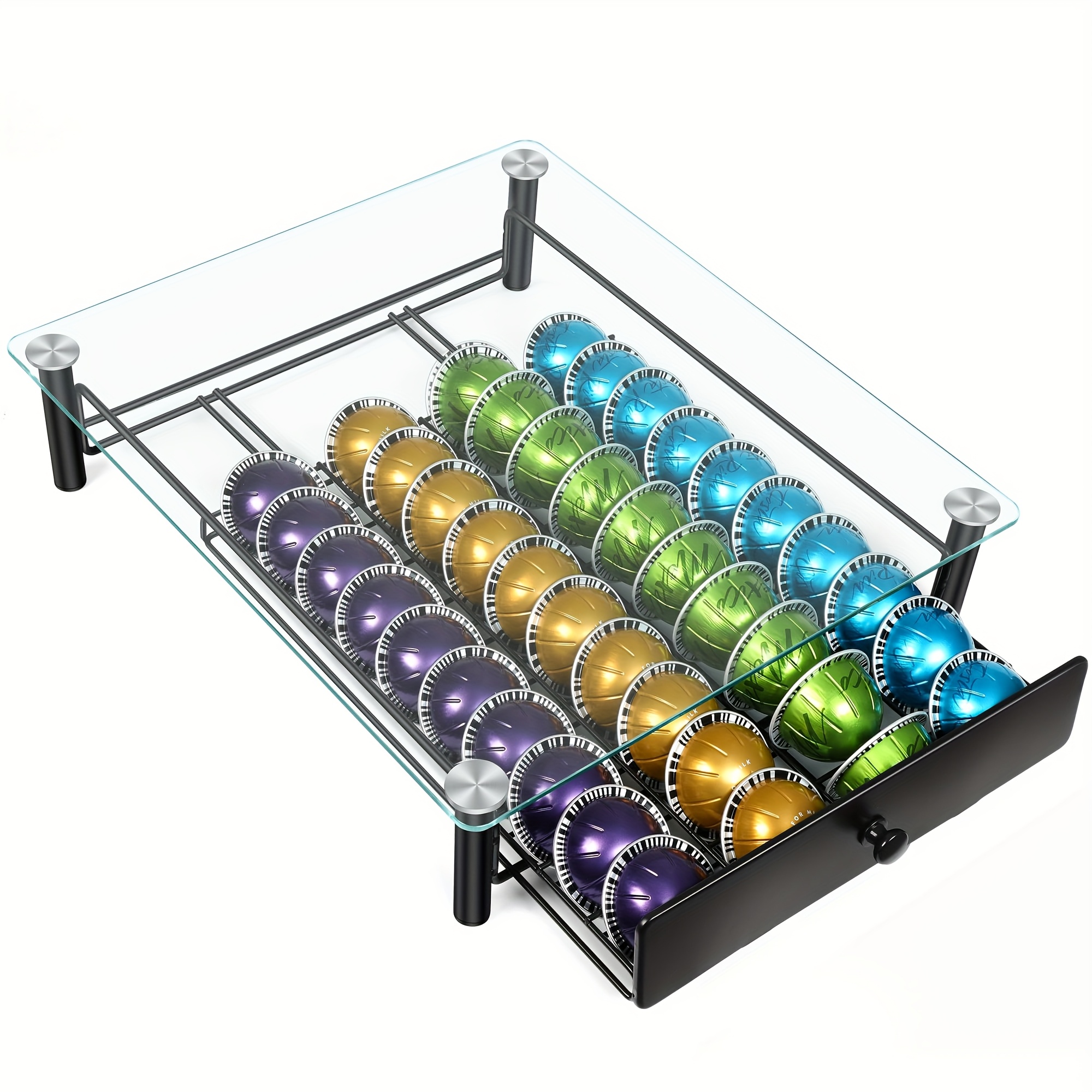 TEMU Coffee Pod Drawers, Crystal Tempered Glass Pod Holder Drawer Compatible With Nespresso Capsules, To 40 Capsules, Size 13"x14.7"x3.5"