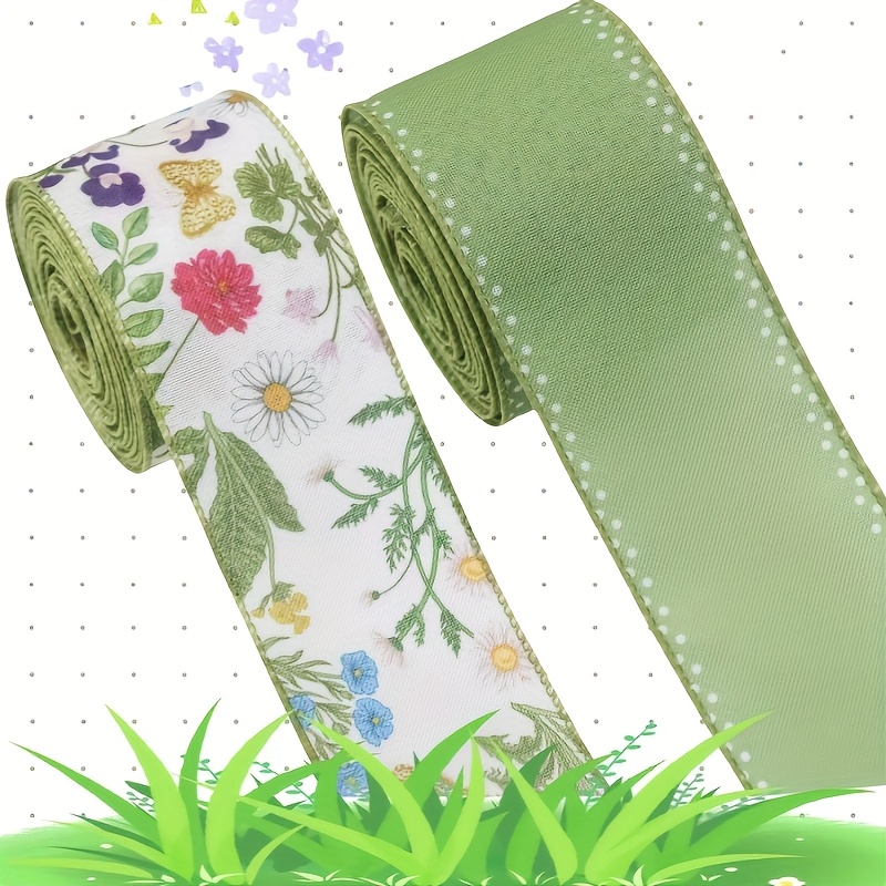 E-shop 2 Rollen 2,5-Zoll Grünes Wildblumenband mit Vintage Wildblumen Stoffband für Girlanden, Schleifen, DIY Verpackung, Party-Dekoration Zubehör
