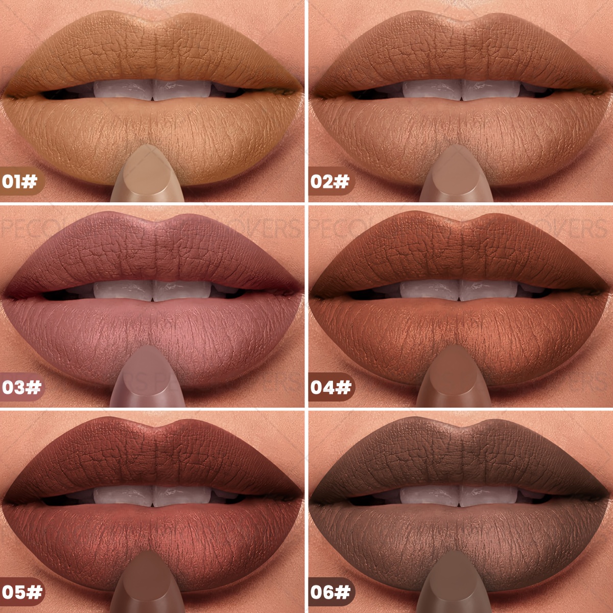 6pcs PECOLOVERS Brown Lipstick Set, Non-Drying